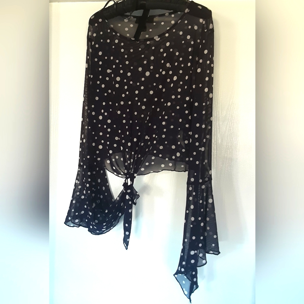 NWOT. NAVY/WHITE SHEER POLKA DOT TOP